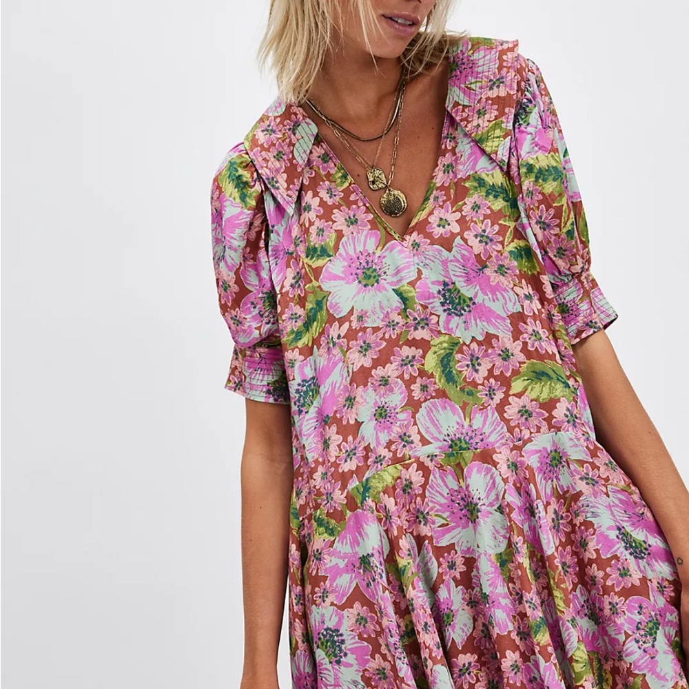 Free People, Moon Chaser Mini: Vibrant Floral V-Neck Dress